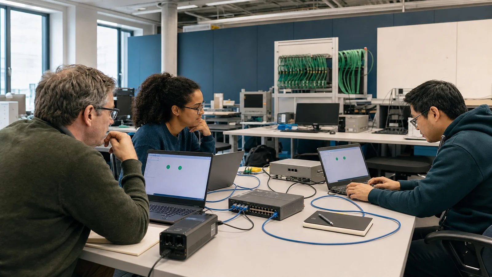 Independent teams test the interoperability of their implementations in a shared laboratory.